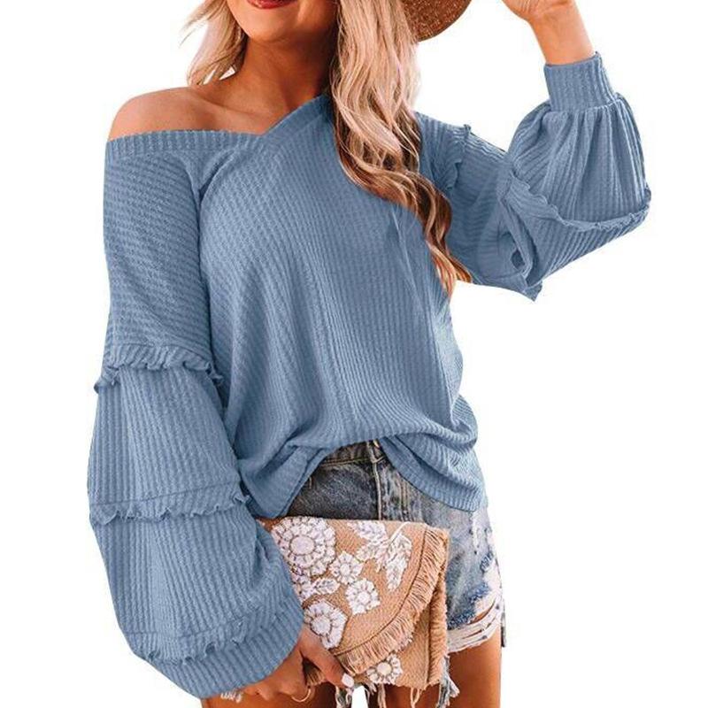 Autumn and Winter New Women's Fashion Casual V-neck Ruffled Lantern Sleeve Top