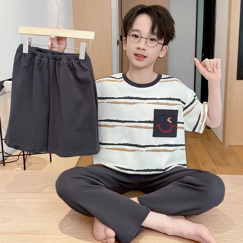 Cotton 3-Piece Pajama Set Boys Lightweight Short Sleeve Sleepwear Cartoon Print Home Wear Ages 8