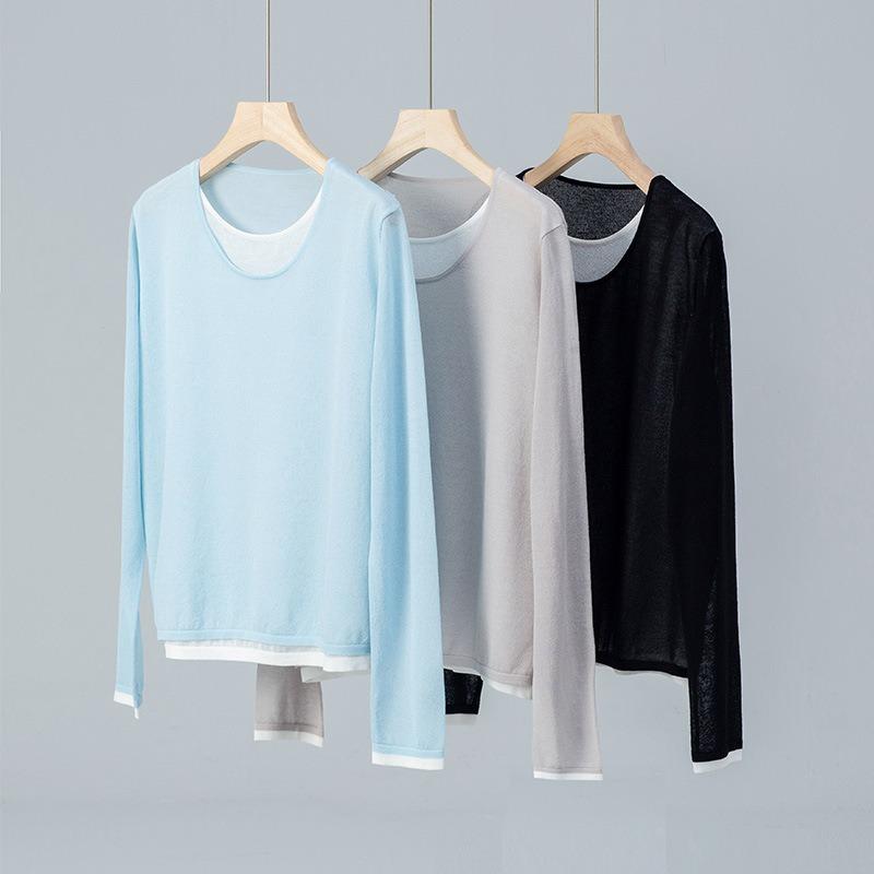 Contrasting color fake two-piece crew neck pullover knitted sweater women's summer thin long-sleeved inner casual and thin bottoming shirt