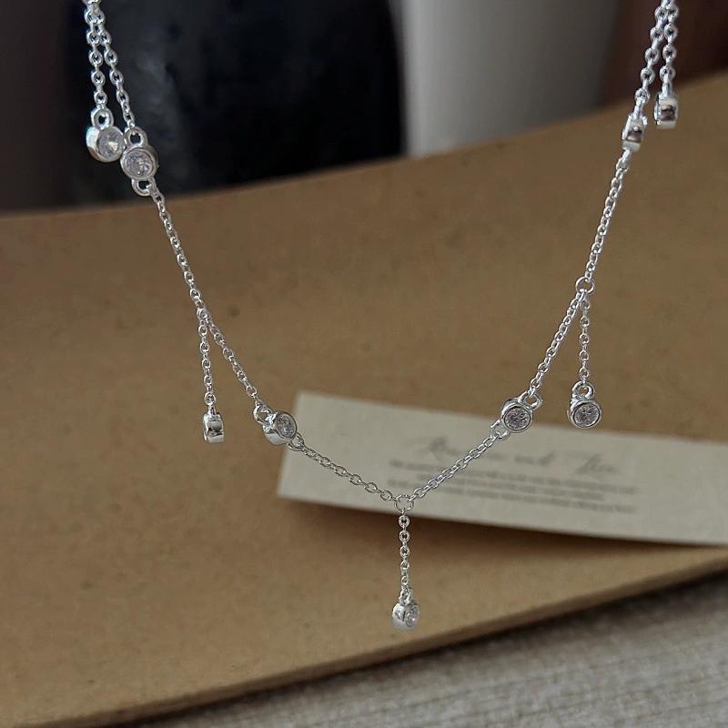 FY-24TL43 S925 Silver Korean Version of Small Niche Design Vintage Zircon Tassel Necklace Korean Style Minimalist Fashionable