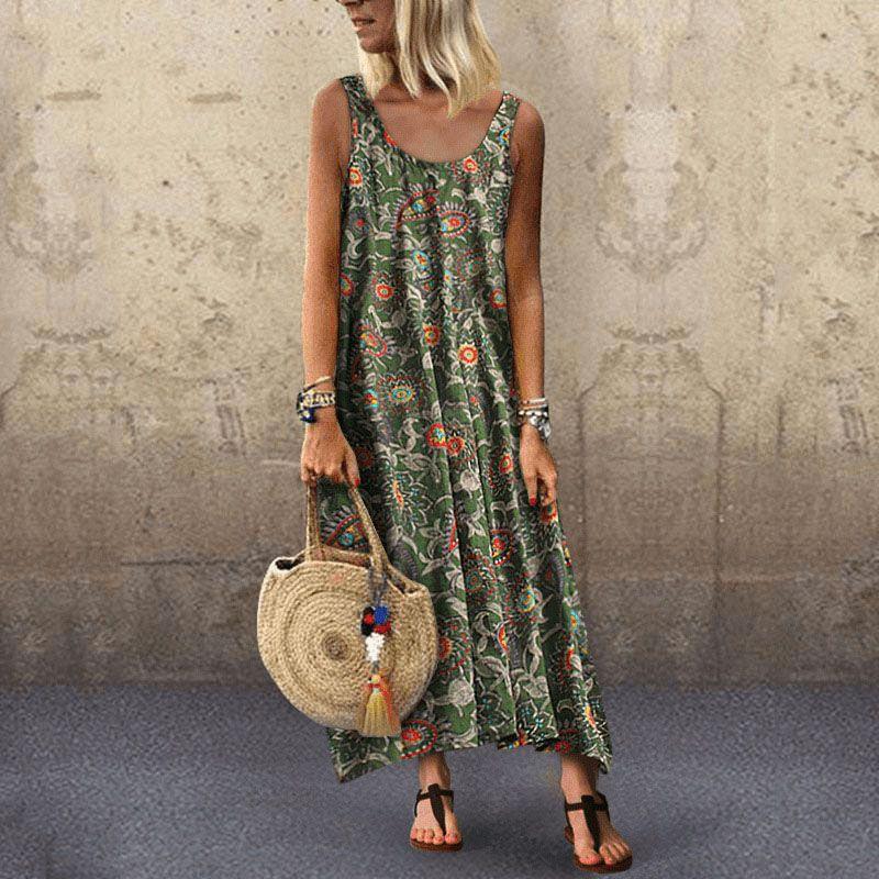 Elegant Womens Summer Sleeveless Holiday Long Boho Kaftan Tank Dress For Beach