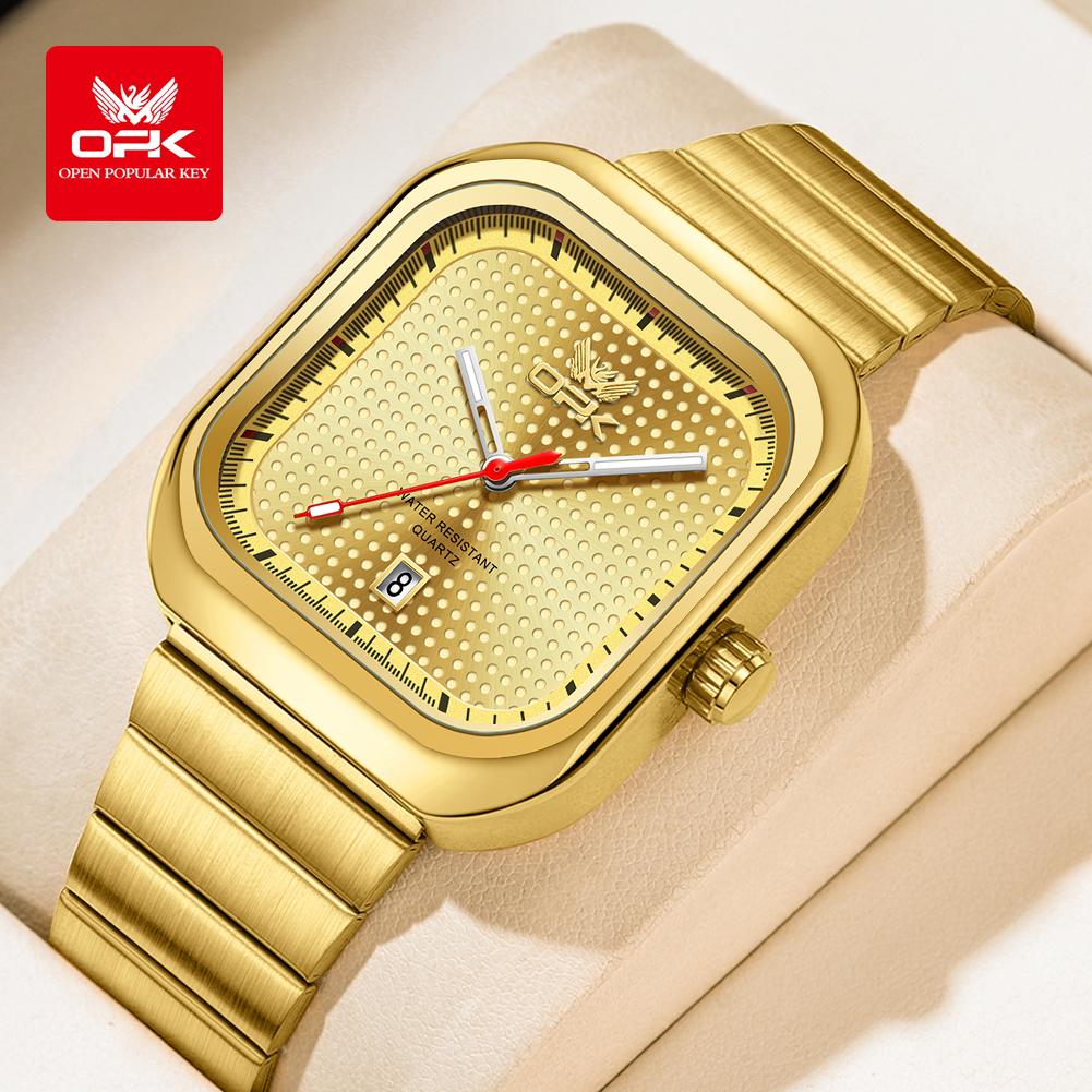 OPK 6041 Elegant Square Man Watch Steel Strap Waterproof Luminous Auto Date Men's Watches Original Quartz Wrist Watches for Men