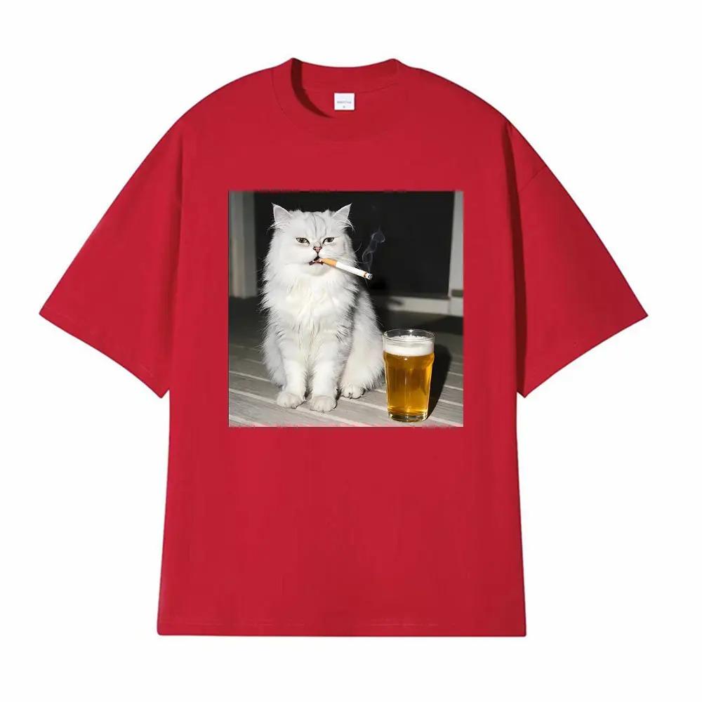 Fun Persian Cat Retro TShirt Smoking and Drinking Unisex Short Sleeve Casual Cool and Stylish Unisexs and Womens TShirt