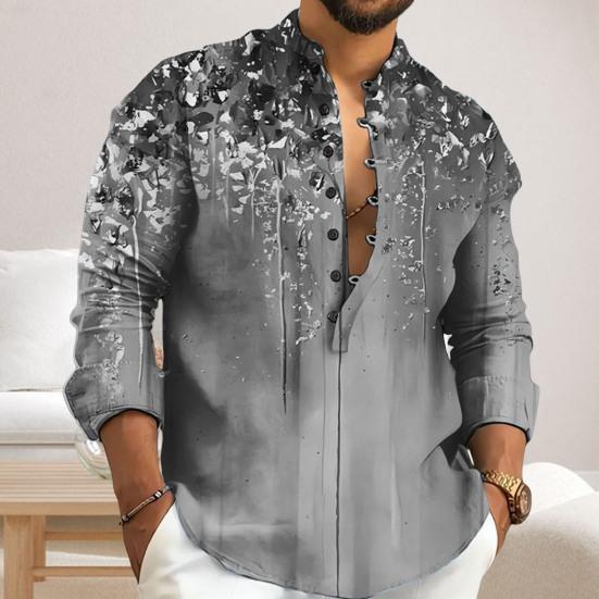 Men Shirt Thin Stand Collar Printed Single-breasted Solid Color Long Sleeves Soft Mid Length
