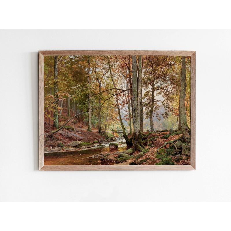 Vintage Warm Tone Autumn Landscape Trees Mid Century Canvas Oil Painting Poster Wall Art Pictures Cozy Home Room Decor