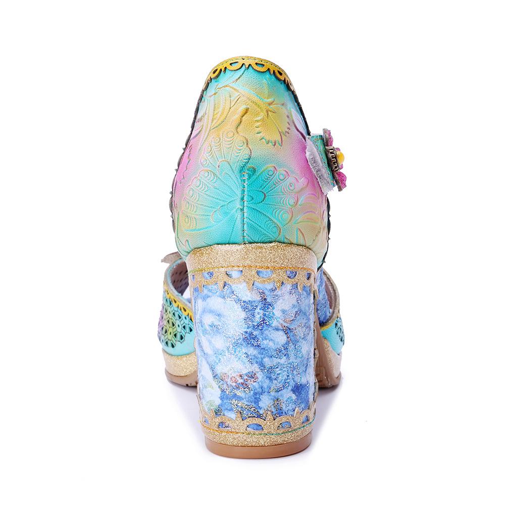 Johnature Genuine Leather Vintage Baroque Style Carved And Painted Floral Comfortable High-heeled Sandals