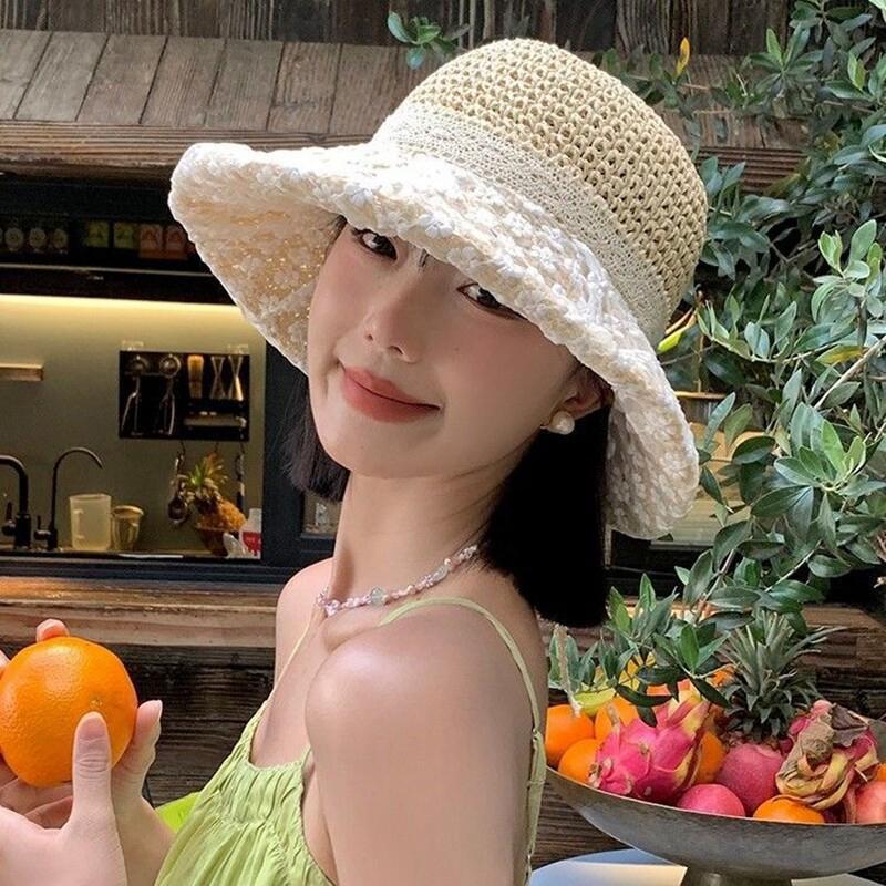 New Summer Women'S Fishing Hat Sun Protection Hat Lace Trim Beach Straw Hat Breathable And Stylish