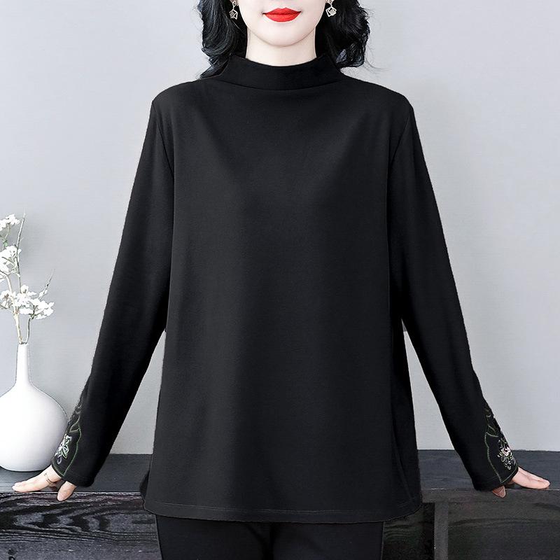 Camiseta de Felpa Bordada de Cuello Semi-Alto para Mujeres de Mediana Edad - Colección Otoño/Invierno