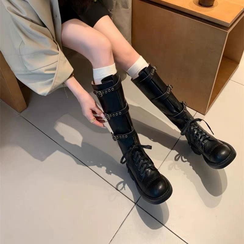 CowhideMaillard Strap Tall Knight Boots Women's Autumn and Winter Leather Retro Belt Buckle Boots
