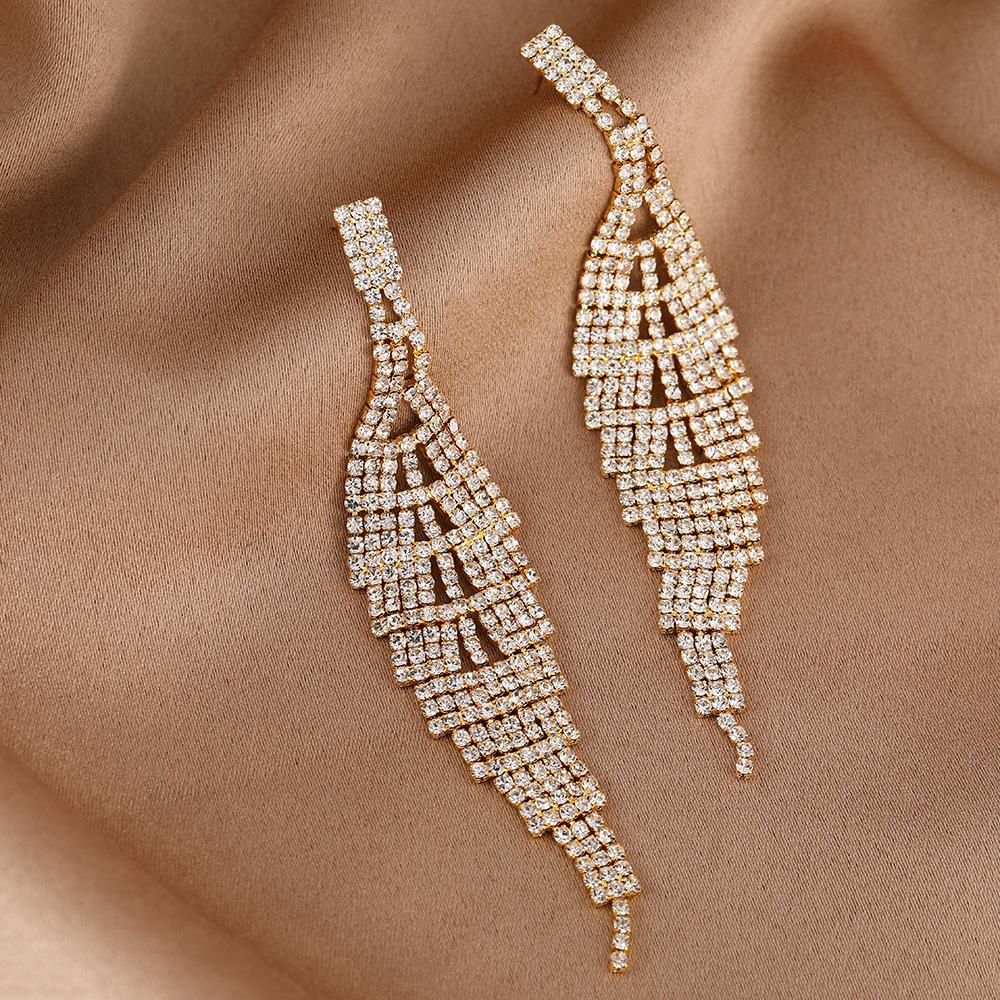 Luxury Premium Earrings Shiny Full Diamond Long Earrings Stud Earrings Bridal Wedding Ear Jewelry