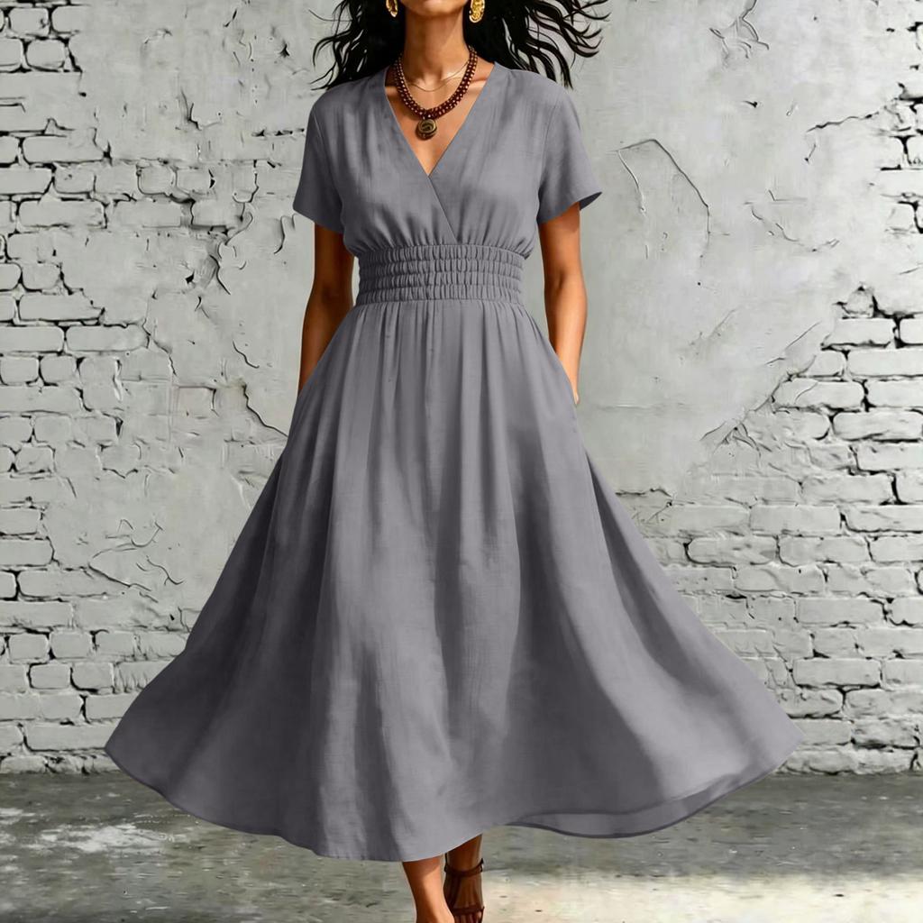 Womens V Neck Short Sleeve Elastic Waist Midi Dress with Pockets Solid A Line Casual Loose Fit Summer Dress for Daily Wear