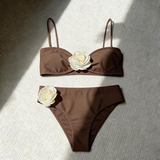 2Pcs/Set Women Bikini Set 3D Flower Decor Adjustable Straps Tube Top Bikini Bra High Waist Swimming Trunks Set Beach Swimwear