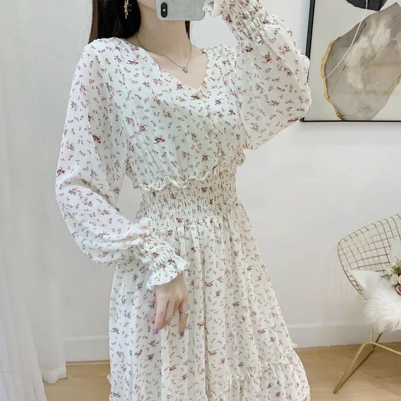 

Осенне-весенние многослойные платья, модное женское повседневное платье с длинным рукавом и v-образным вырезом с цветочным принтом XL белый