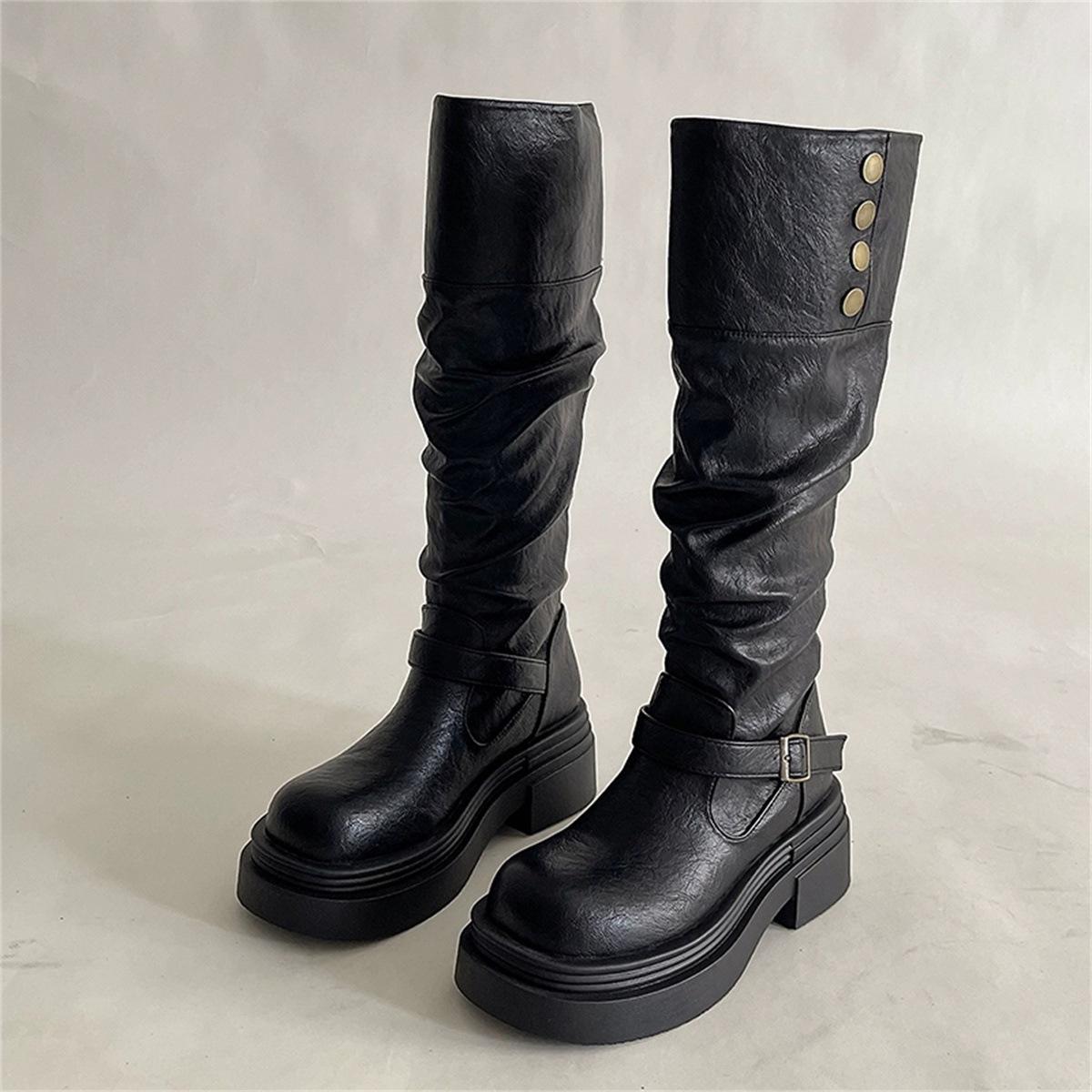 

Black thick-soled pile boots women s 2025 new Merad Spice Girls Knight Boots Western Cowboy Boots 35 чёрный
