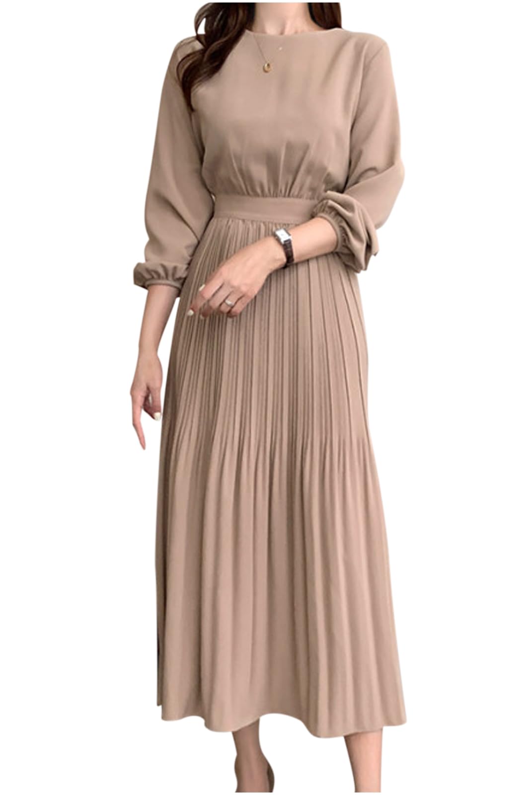 

Necote Плиссированное Классическое Длинное Вечернее Однотонное Длинное Для Офиса Размер NC405BEM Женское Платье, Рукава, Платье, Цвет, Длина, Взрослые, Носить, Весна, Осень, бежевый