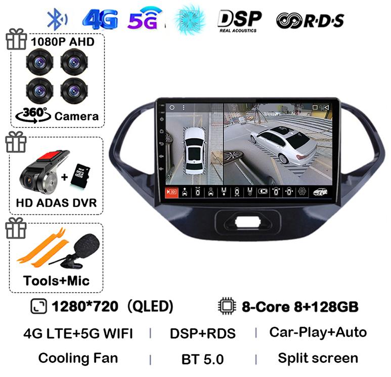 Android 14 Carplay Auto WIFI+4G Car Radio For Ford Figo 2015 2016 2017 2018 Multimedia Stereo Video Player GPS 360 Camera Audio