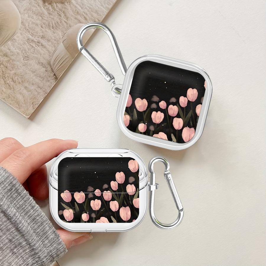 Clear Earphone Cases Cover With Hook Case For Samsung Galaxy Buds 2 3 FE 4Pro 2Pro Live 3Pro 4 Pro Cartoon Tulip
