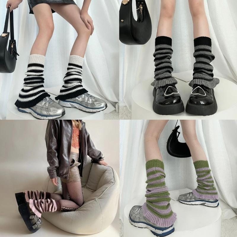Girls Lolitas Leg Warmers Y2K Stripe Knitted Flared Leg Sleeves Goth Baggy Cuff Ankle Heap Socks JK Uniform Foot Cover