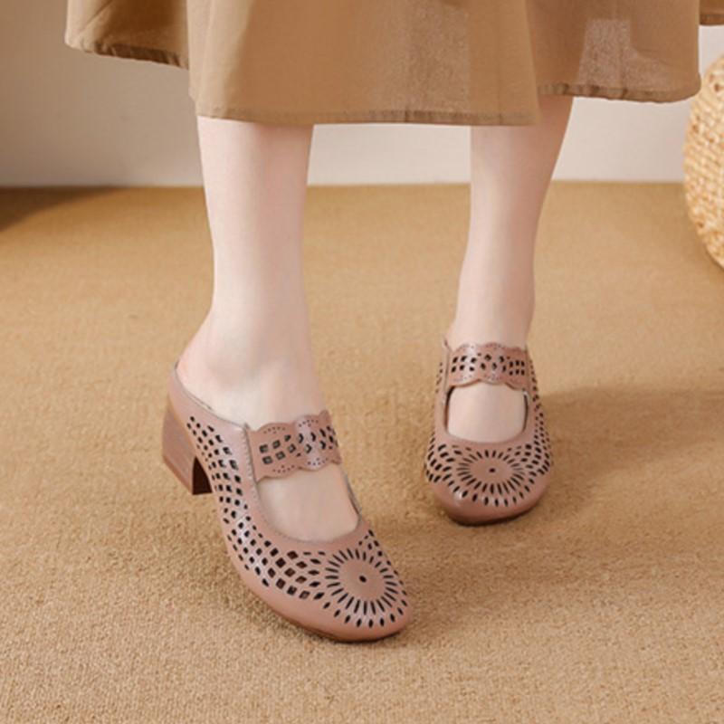 Johnature Mid Heel Slippers Ethnic Style Genuine Leather Hollow Out Breathable Women's Shoes