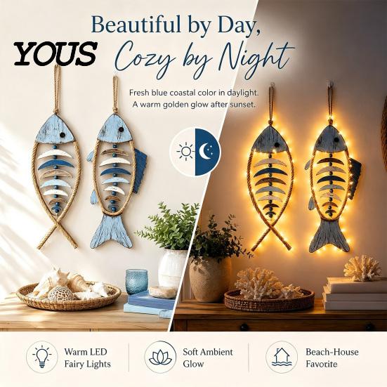Anti Deformation Window Decoration Wooden Fish Wall Hanging Pendant With/Without LED Light, Nautical Decor, Coastal Theme Fishbone Wear Resistant