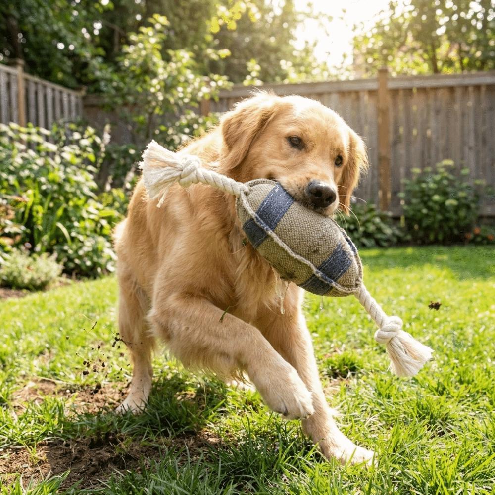 Bite Resistant Dog Chew Toy Rugby Shaped Interactive Pet Knot Toy Linen Cotton Rope Squeaky Sound Dog Bite Ball