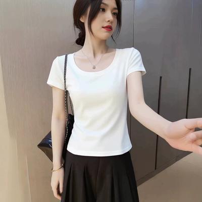 Fashion Temperament Versatile Front Shoulder Short-sleeved T-shirt Women's Summer New U-neck Age-reducing Slim-fitting and Thin Bottoming Top