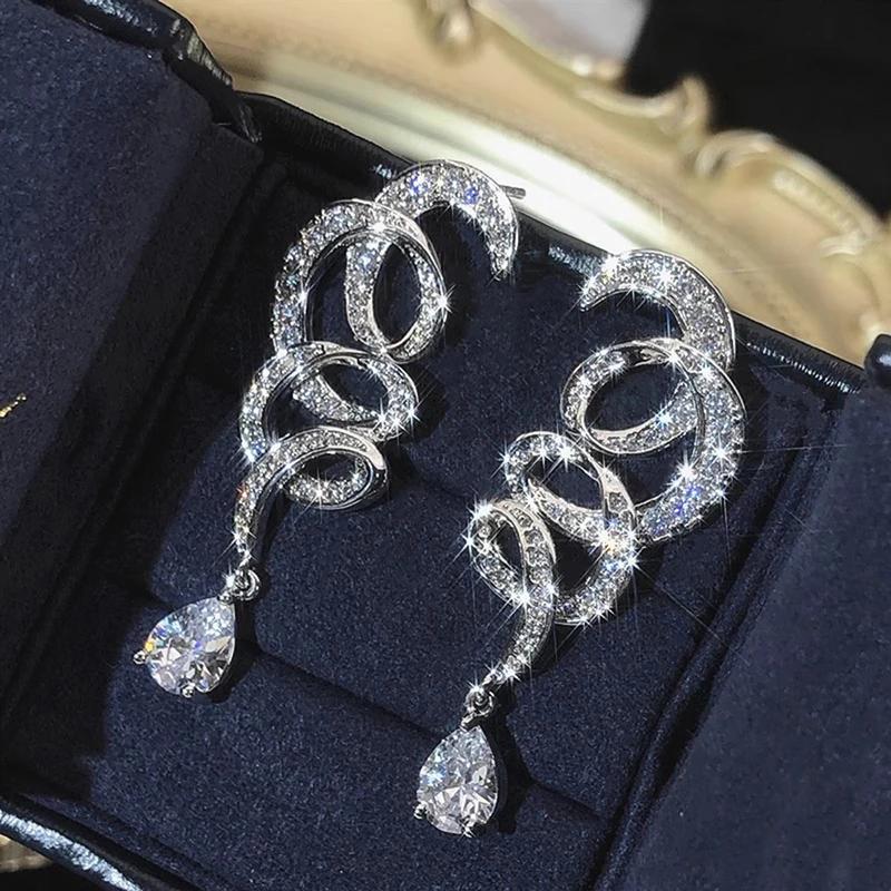 Huitan Trendy Waved Design Long Hanging Earrings for Women Luxury Silver Color CZ Crystal Dangle Earrings Wedding Party Jewelry