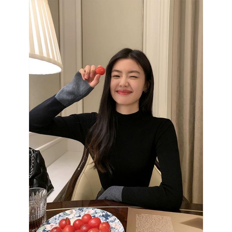 Contrast Color Half Turtleneck Sweater Tops for Women in Autumn and Winter New Slim Fit Design with Base Layer Tops