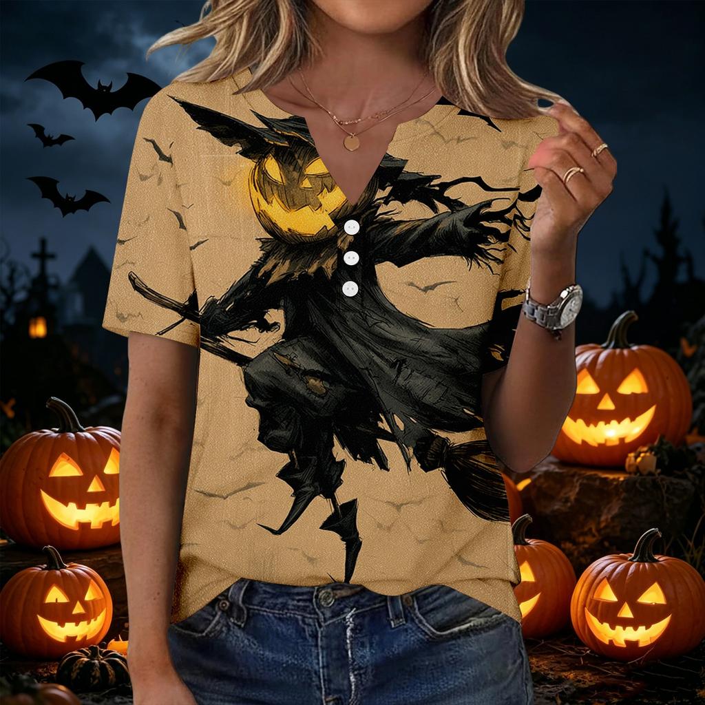 Womens Halloween Print V Neck Short Sleeve Button T Shirt Casual Fashion Top Lightweight Comfortable Fit