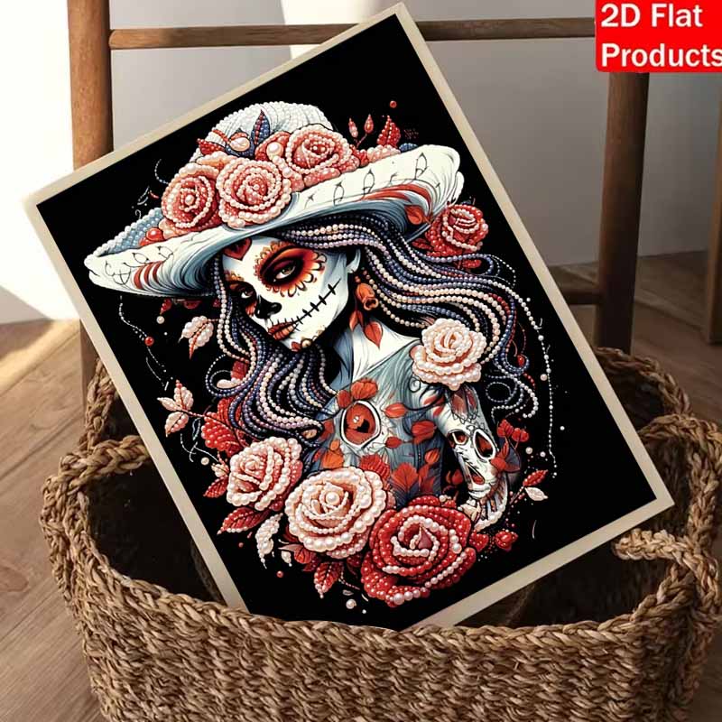 Halloween sugar skull lady rose floral pearl painting art full pearl handmade diy home decorations