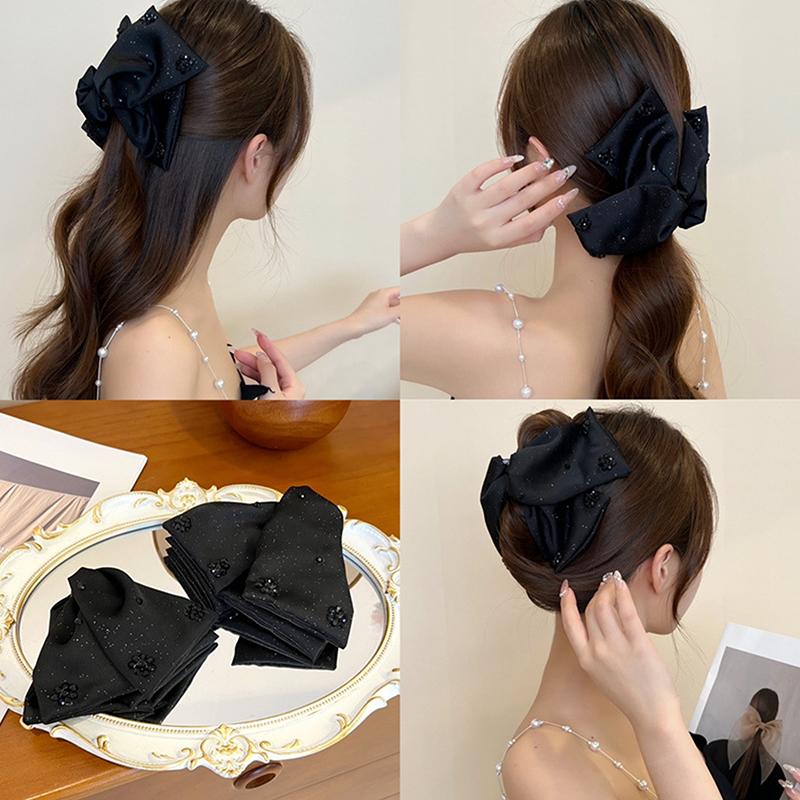 Vintage Soft Black Satin Hair Claw Rhinestone Hairpin Large Bow Ornament Women Hair Accessories