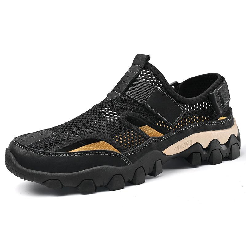 

Популярные туфли с дырками, мужская летняя обувь, нескользящие дышащие сандалии для ходьбы по воде, мужские спортивные пляжные крутые шлепанцы с закрытым носком 38