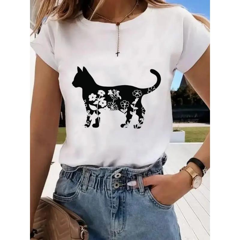 Short Sleeve Print Clothes Women Spring Summer Female Tee Fashion Cat Love Sweet Valentine Shirt Lady Graphic T-shirt