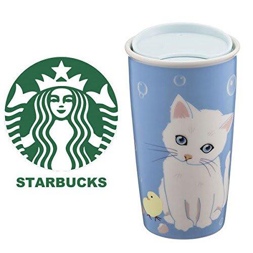 STARBUCKS Starbucks Double-Walled Tumbler Mug with Logo, Cat, and Kitten Design, PAUL&JOE Collaboration, 12 Fl Oz/355 Ml, Ceramic, Blue, Pastel, Coffe