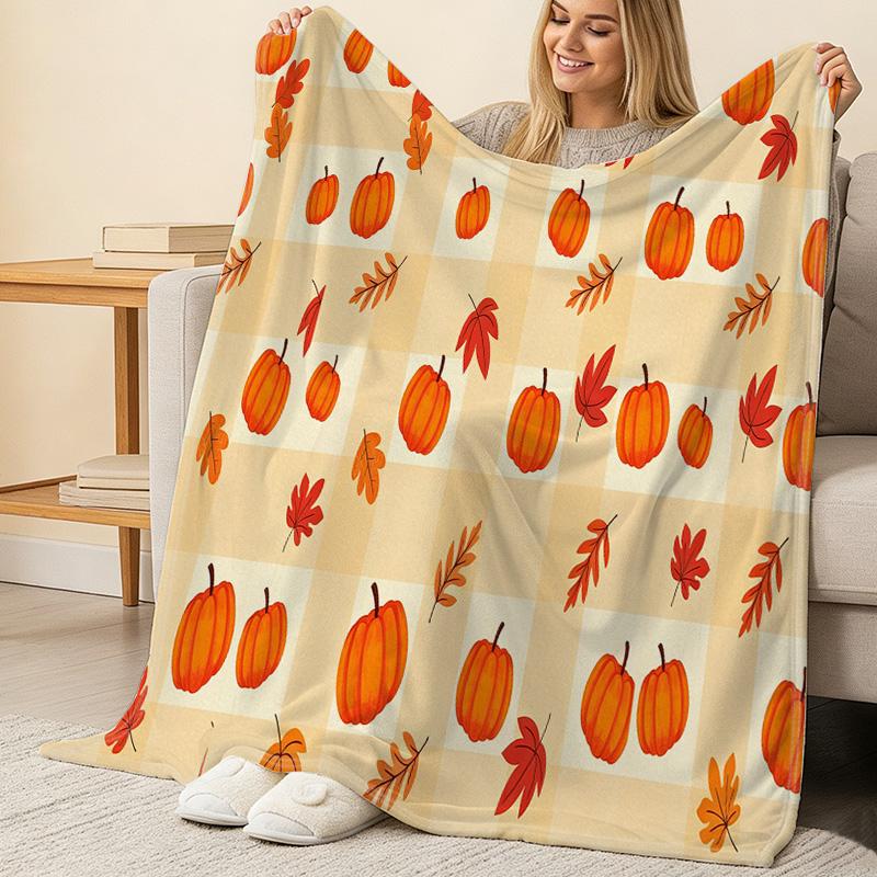 High-Density Plush Flannel Fleece Blanket Pumpkin & Maple Leaf Pattern, Soft & Skin-Friendly, Portable for Home & Car, Warm Fall Air-Condition Cover
