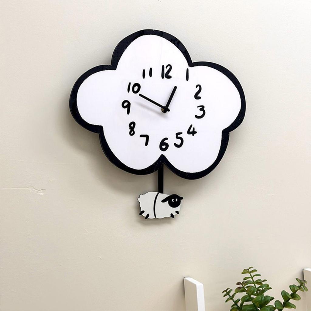Cartoon Cloud Sheep Mute Wall Clock with Swinging Pendulum Battery Operated for Children Bedroom Living Room Home Decors