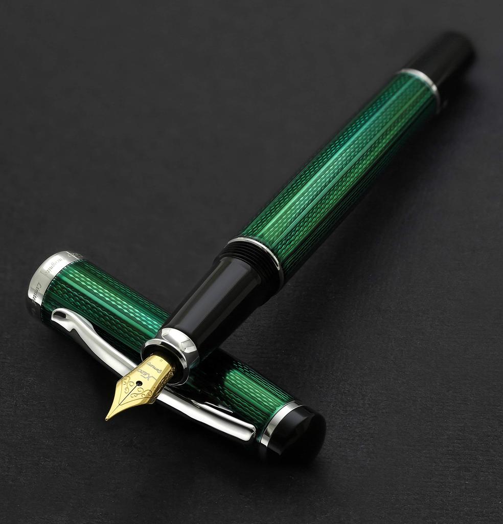 Xezo Incognito Fountain Medium Forest Green Layered Pure Platinum Handcrafted Guilloche Limited Edition Pen, Nib, Lacquer, Plated, & Stamped,