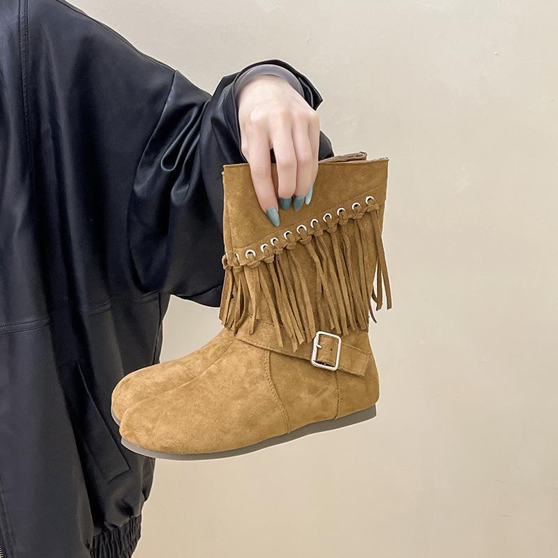 Design Sense Wasteland Style Women's Martin Boots Autumn and Winter Niche Retro Tassel Western Cowboy Temperament Wedge Heel Fashion Boots