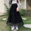 Qooth Lace Patchwork Pleated Fairy Tiered A-Line Maxi Skirt High-Waist Slimming Layered Cake Long Skirt for Women QT2866