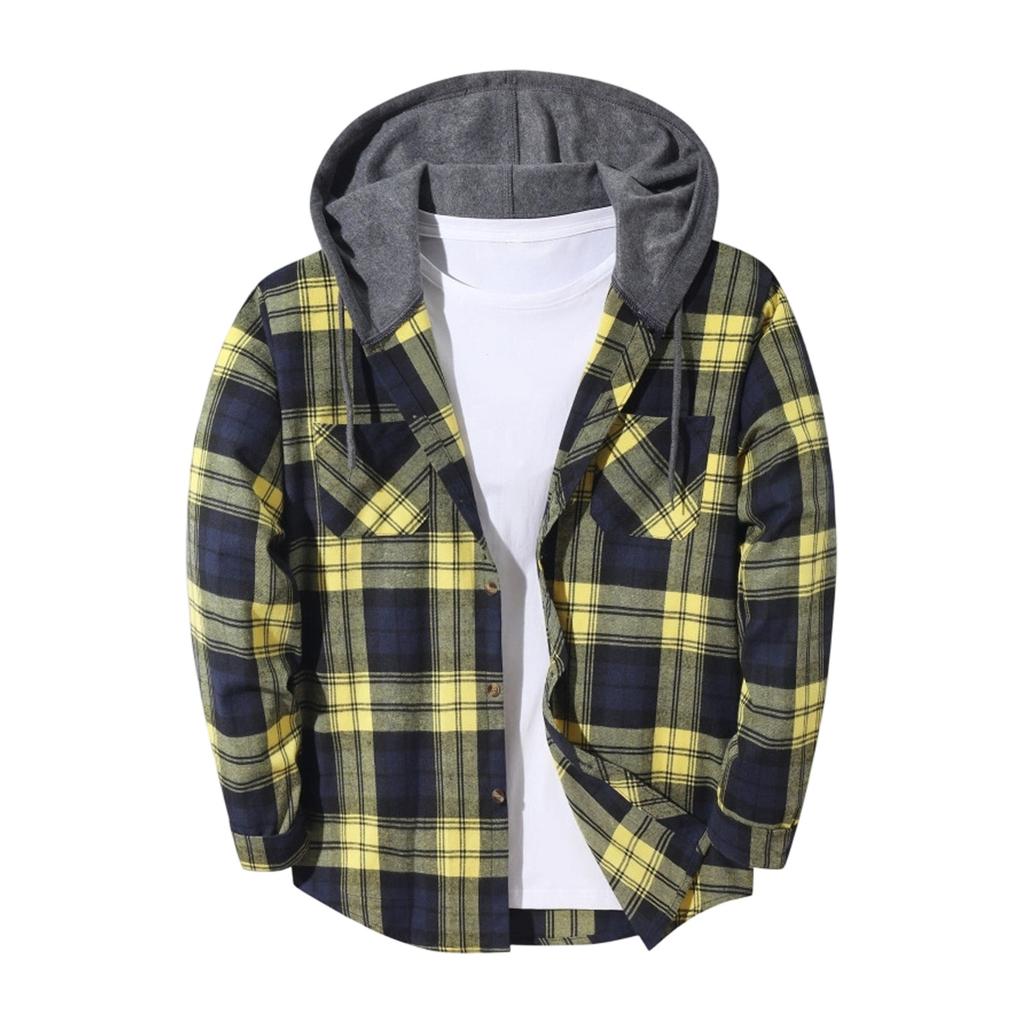 Men's Flannel Plaid Button-Up Shirt Jacket with Hood for Casual Outdoor Wear