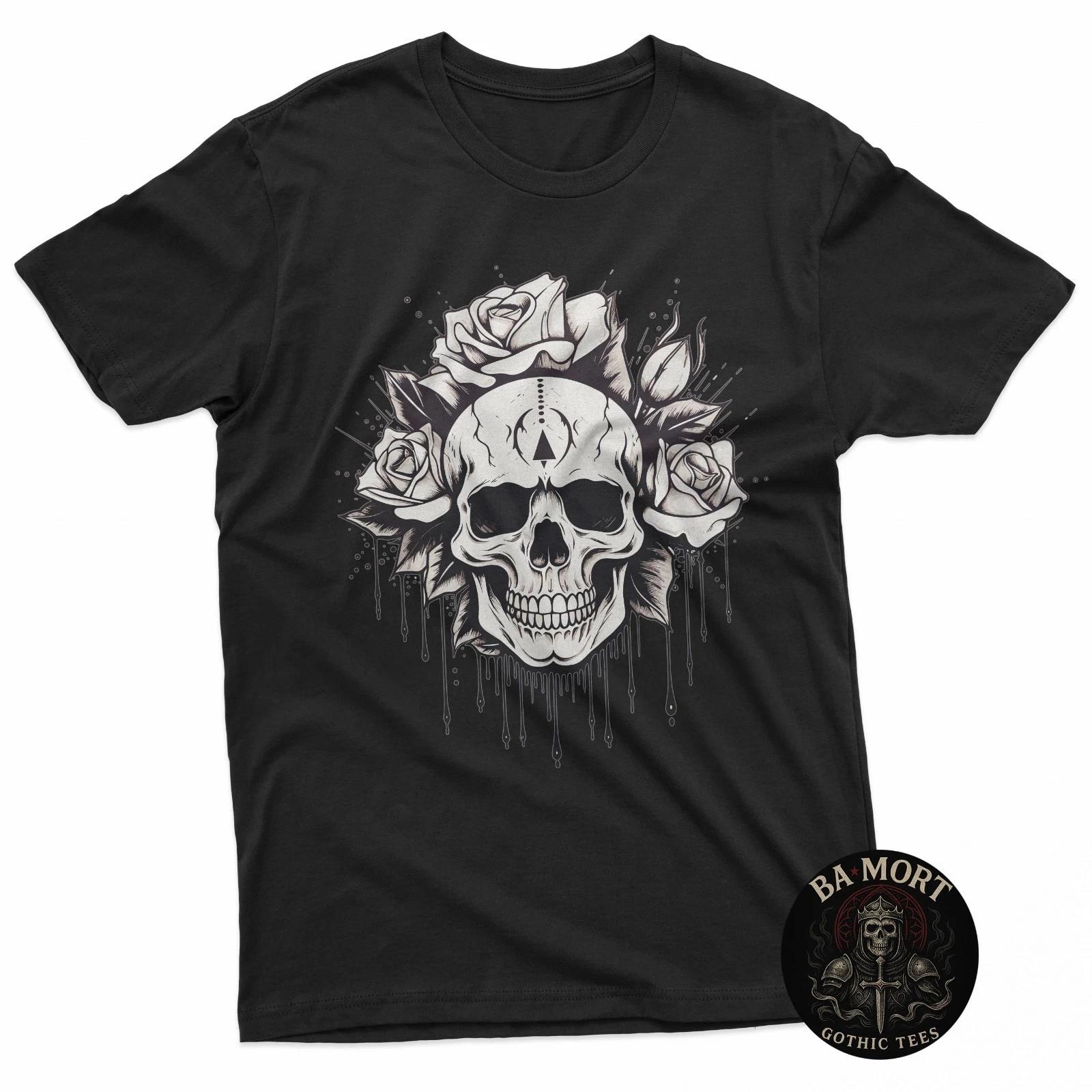 Floral Skeleton Black and White Streetwear T-Shirt M