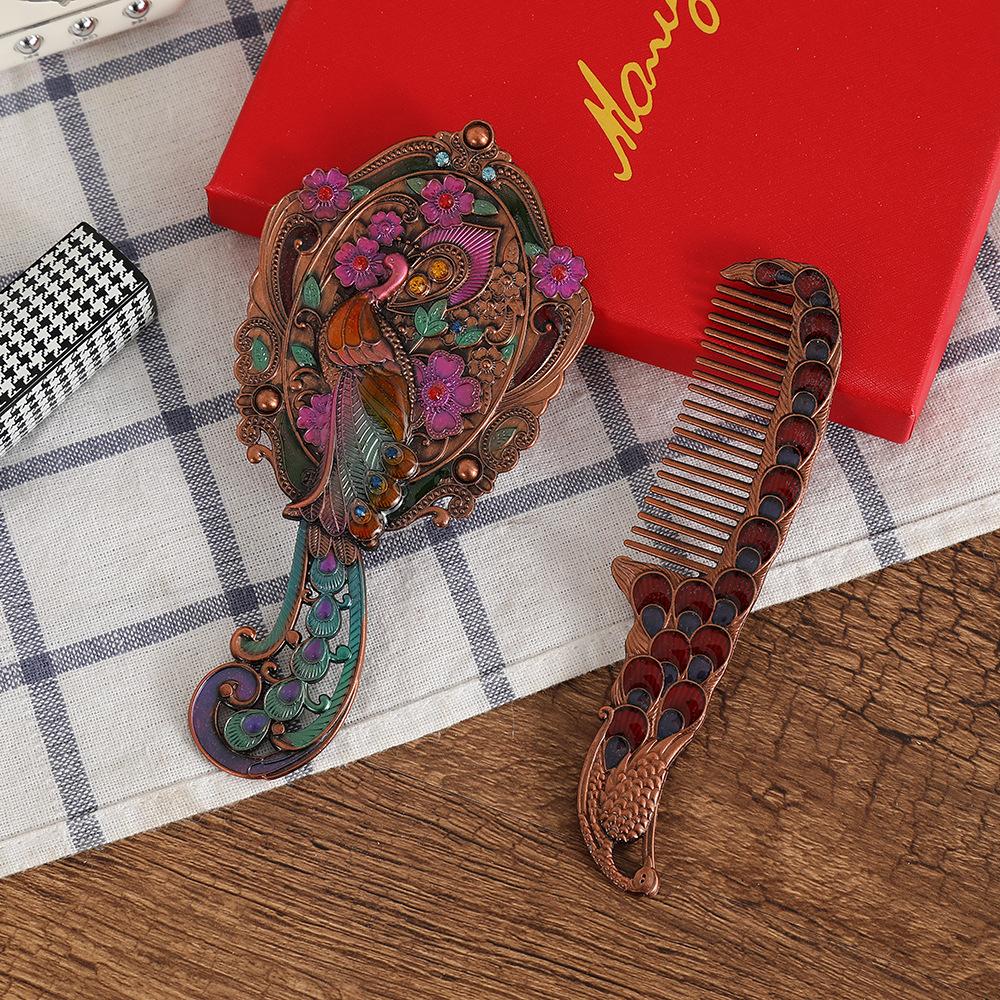 1set Vintage Peacock Makeup Mirror and Comb Women Portable Handheld Travel Vanity Mirror Elegant Retro Design
