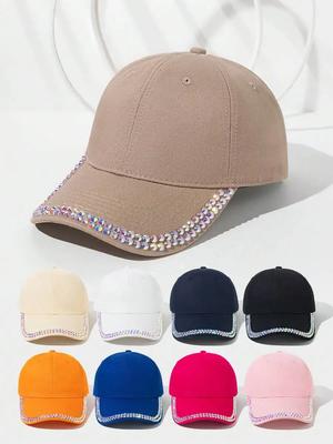Womens Rhinestone Embellished Solid Color Baseball Cap Sun Protection Visor Hat For Outdoor Sport Travel Party