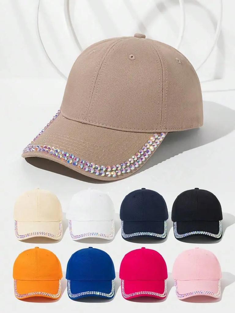 Womens Rhinestone Embellished Solid Color Baseball Cap Sun Protection Visor Hat For Outdoor Sport Travel Party
