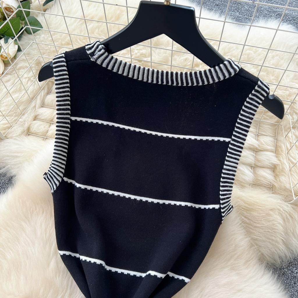 Summer Women Casual Black Sleeveless Striped Long Maxi Knitted Sweater Dresses