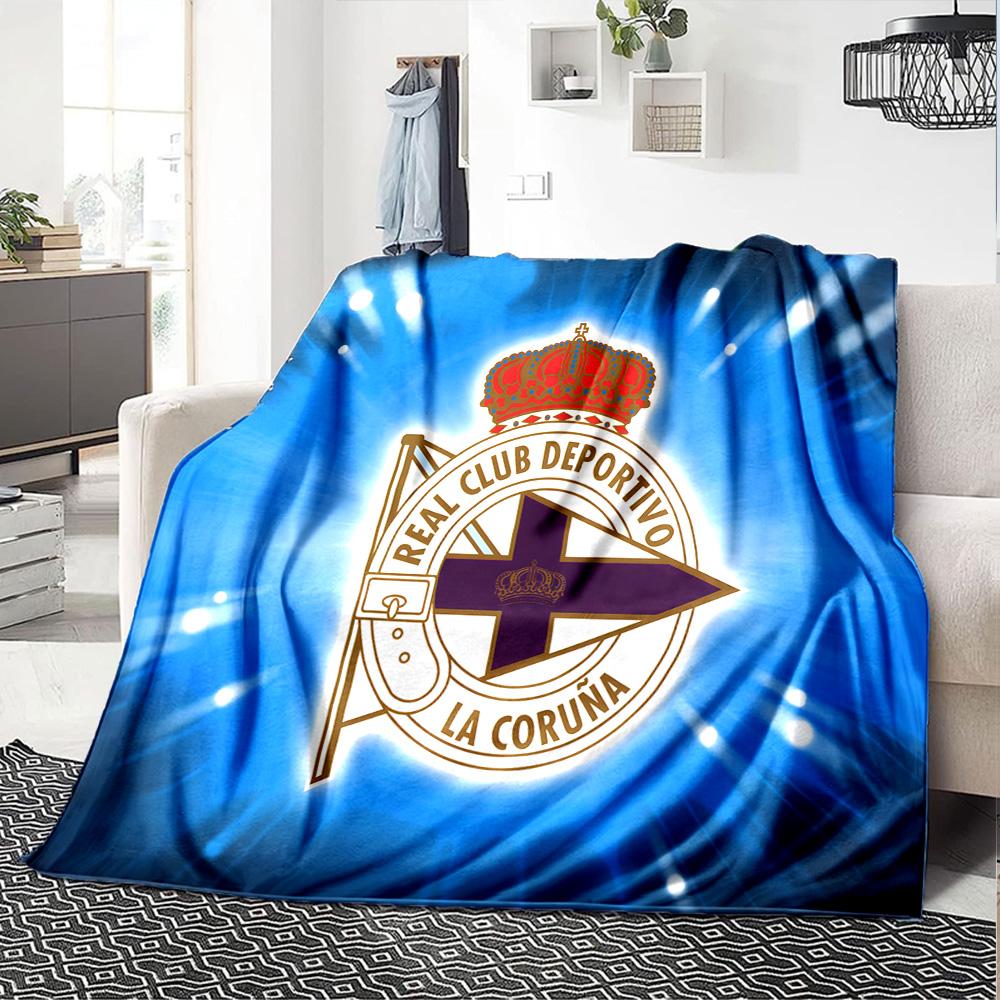 Deportivo A Coruna Crest Flannel Blanket, Soft Polyester, Modern Design, All-Season for Camping, Travel, Gifts for holidays or birthdays