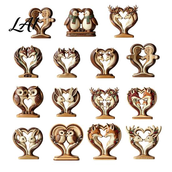 Gingerbread Man Wooden Animal Penguin Statues Owl Fox Ornament with Stable Base, Double Layer