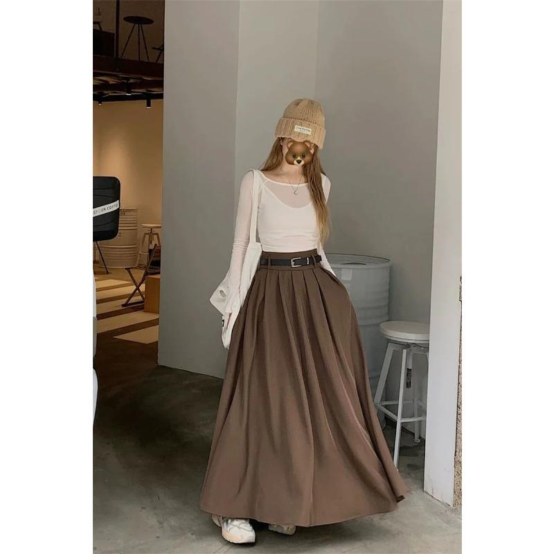 Women High Waist Jupe Korean Pleating Swing Skirt Vintage Fashion Spring Office Falda Holiday Loose Solid Long Skirt