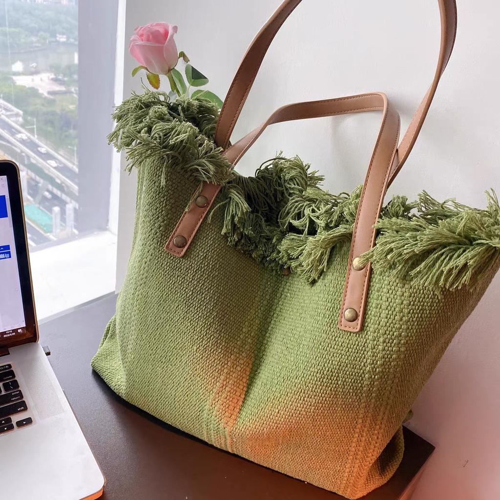 Tassel Letter Niche Embroidered Canvas Bag Shoulder Underarm Messenger Bag Large Capacity Bag