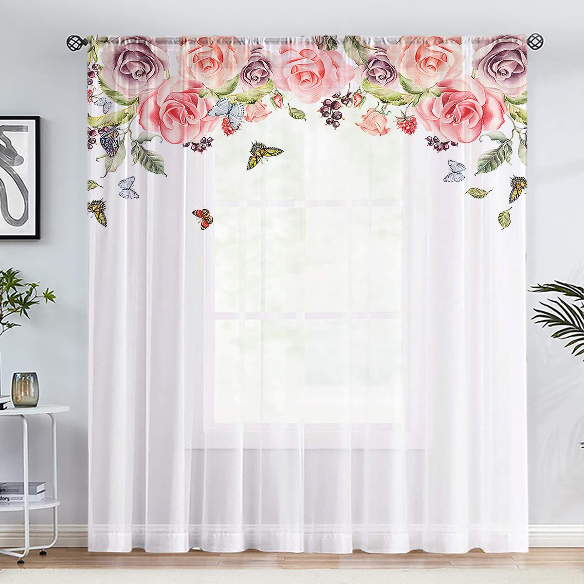 New Colorful Floral Window Screens 3D Digital Printing Bedroom Living Room Decoration Through-Pole Window Screens 132*45cm（1pc）